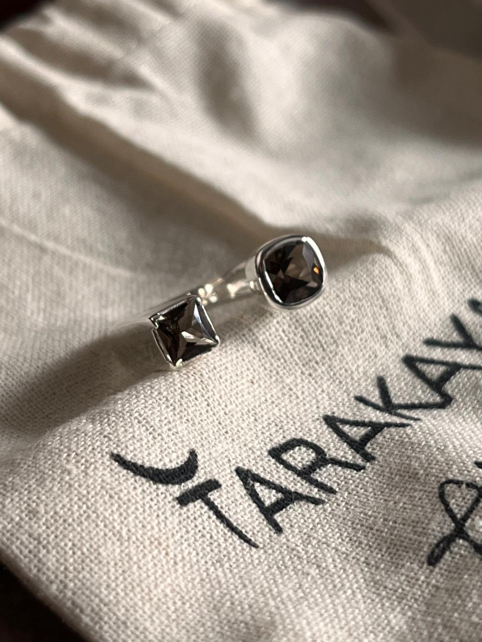 Contemporary smokey quartz double square ring in silver
