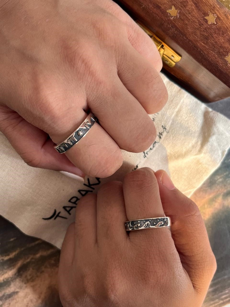 Couple Adjustable Silver Ring with Waves, Moon, Stars, Mountain, Pine Tree, and Sun Design