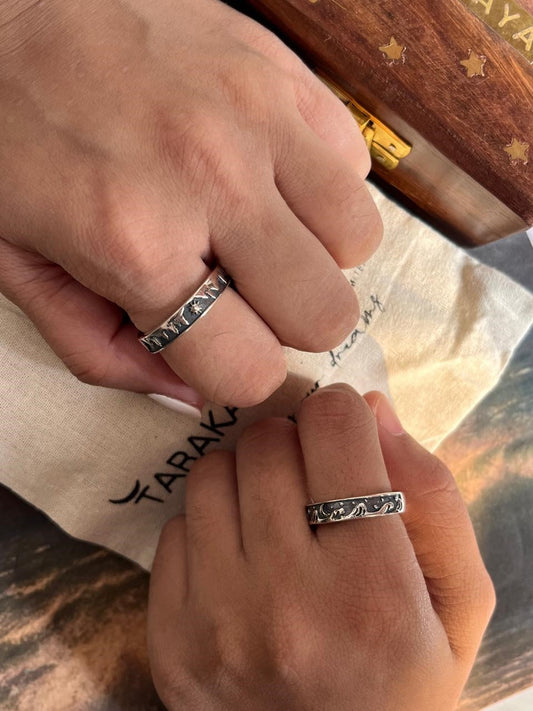 Romantic Adjustable Silver Ring with Waves, Moon, Stars, and Mountain Design