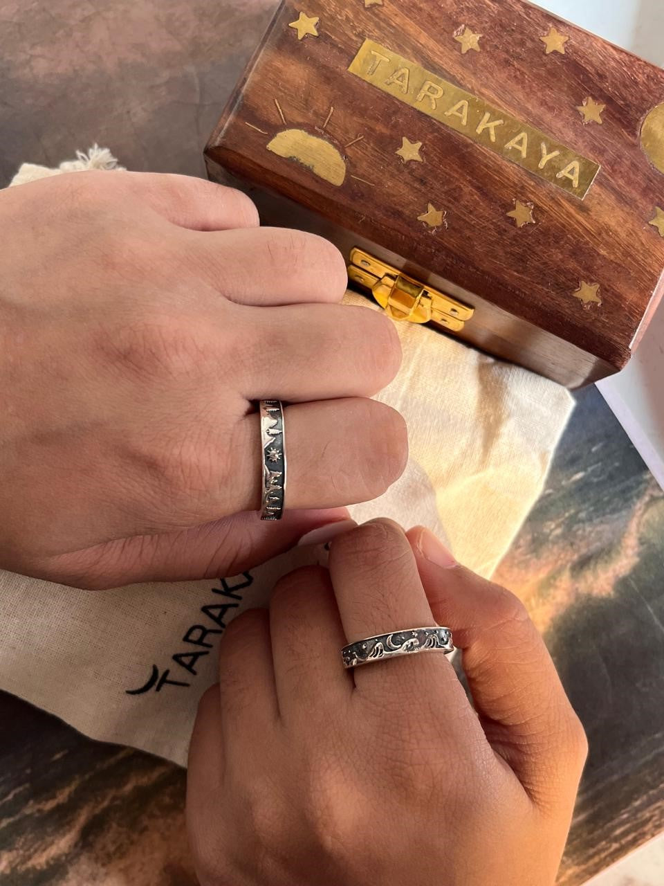Sterling Silver Couple Ring with Celestial Waves, Moon, Stars, and Natural Mountain Design