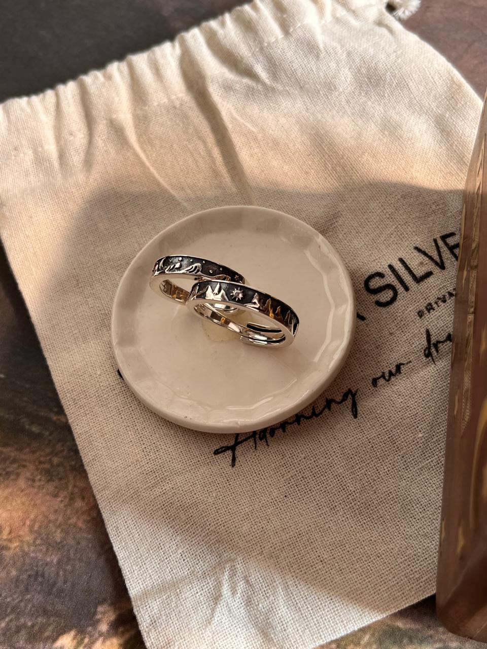 Couple Ring with Waves, Moon, Stars, Mountain, Pine Tree, and Sun for Lovers
