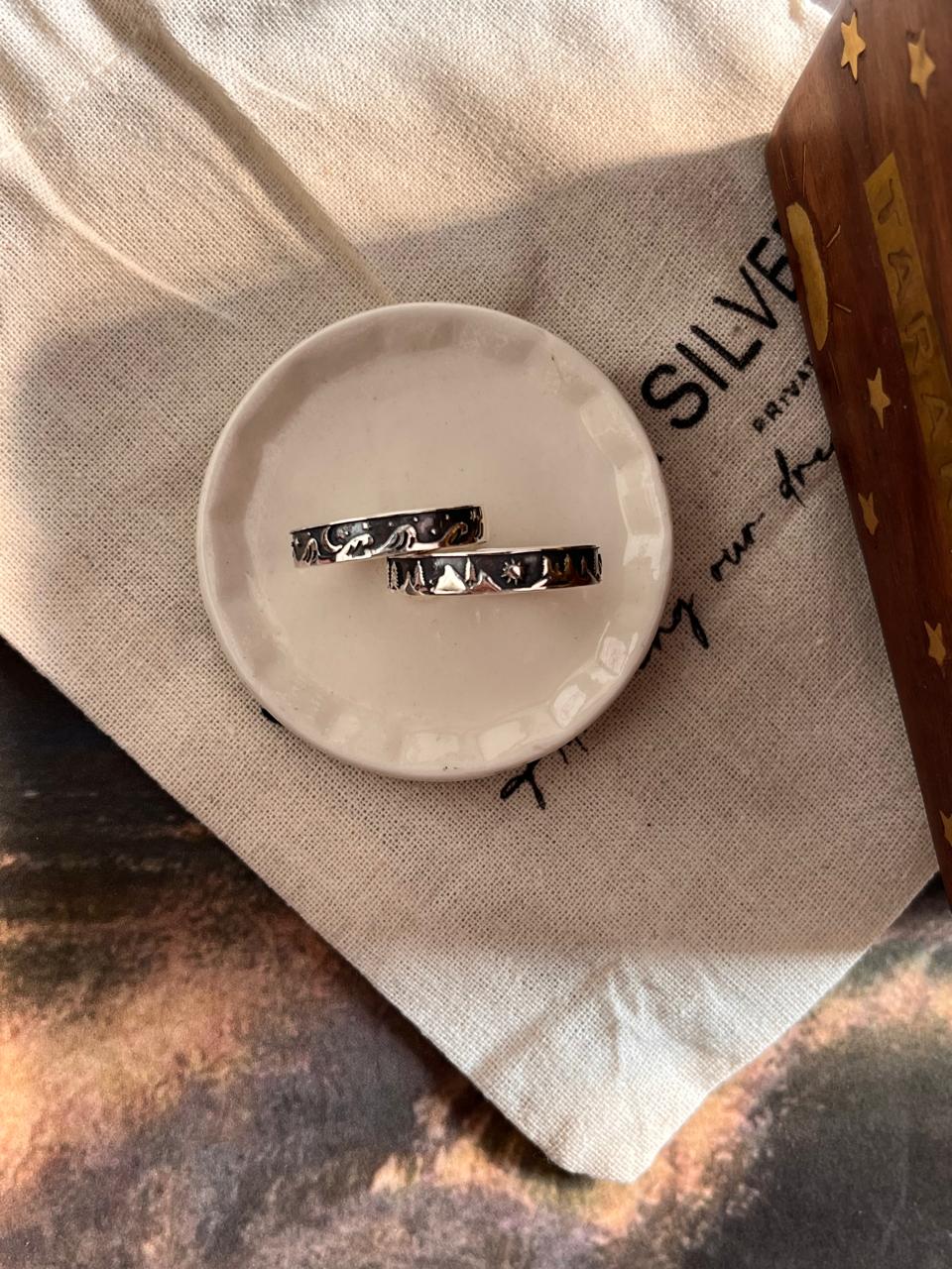Adjustable Silver Ring for Couples with Waves, Moon, Stars, Mountain, Pine Tree, and Sun