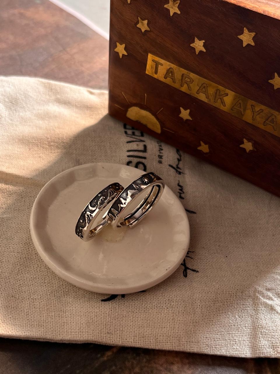 Couple Adjustable Silver Ring with Waves, Moon, Stars, Mountain, Pine Tree, and Sun Design