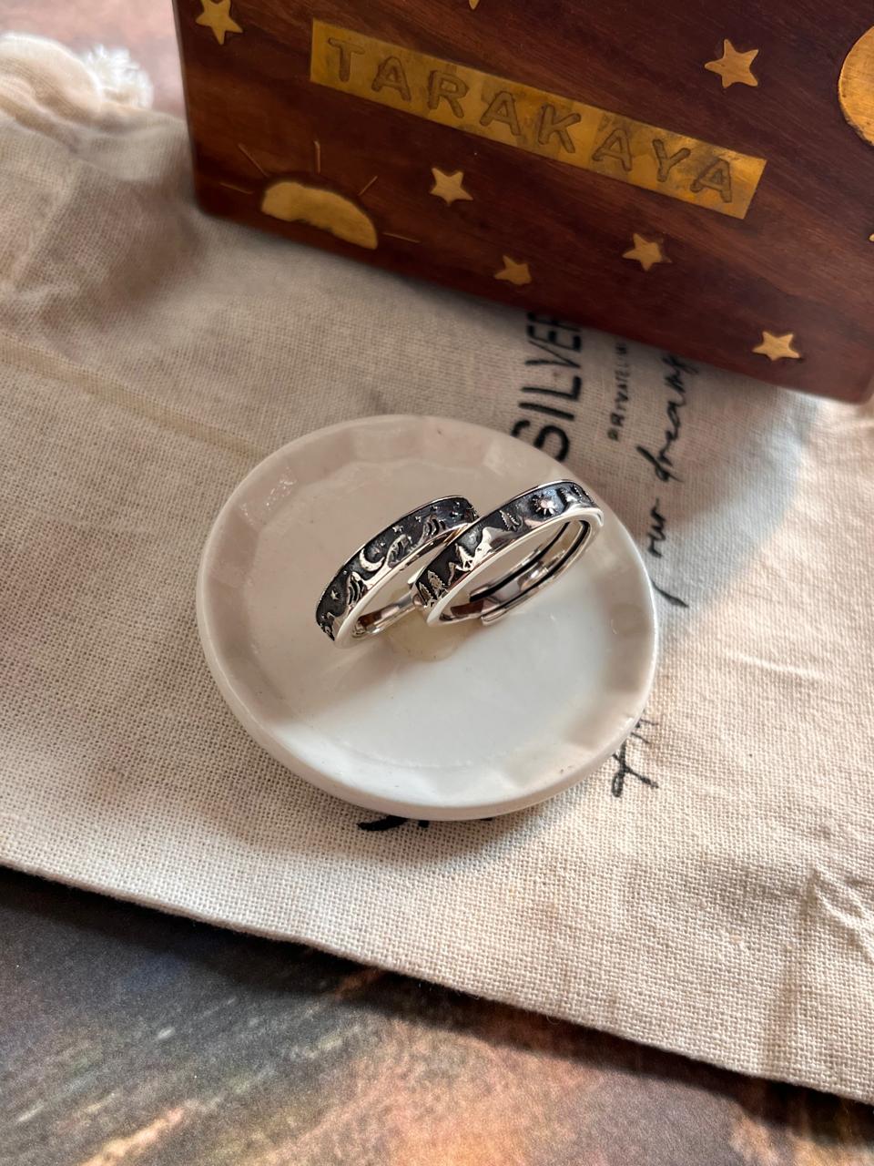 Sterling Silver Couple Ring with Celestial Waves, Moon, Stars, and Natural Mountain Design