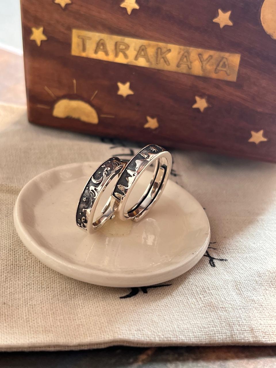 Couple Ring with Waves, Moon, Stars, Mountain, Pine Tree, and Sun for Lovers