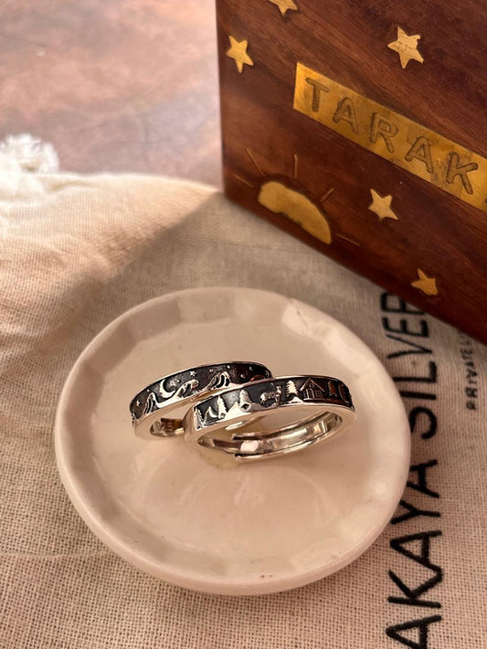 Couple Adjustable Silver Ring with Forest Reindeer, Moon, Cottage, Waves, and Stars Design