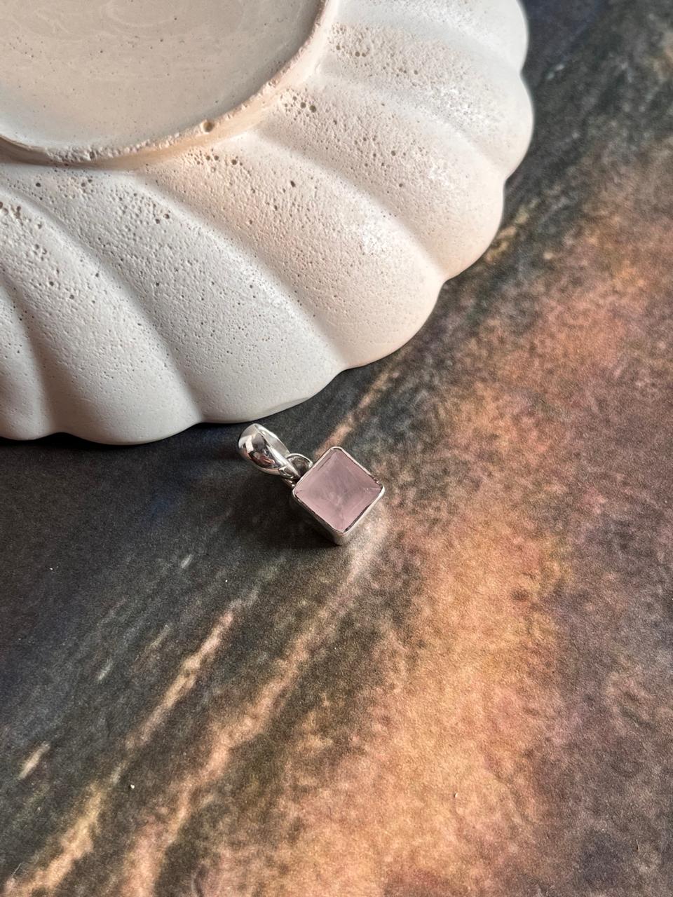 Timeless rose quartz square cut pendant in sterling silver