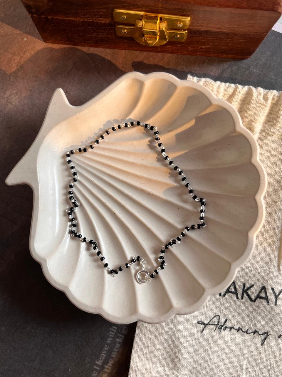 Handcrafted Black Beaded Nazariya Anklet in Silver 925