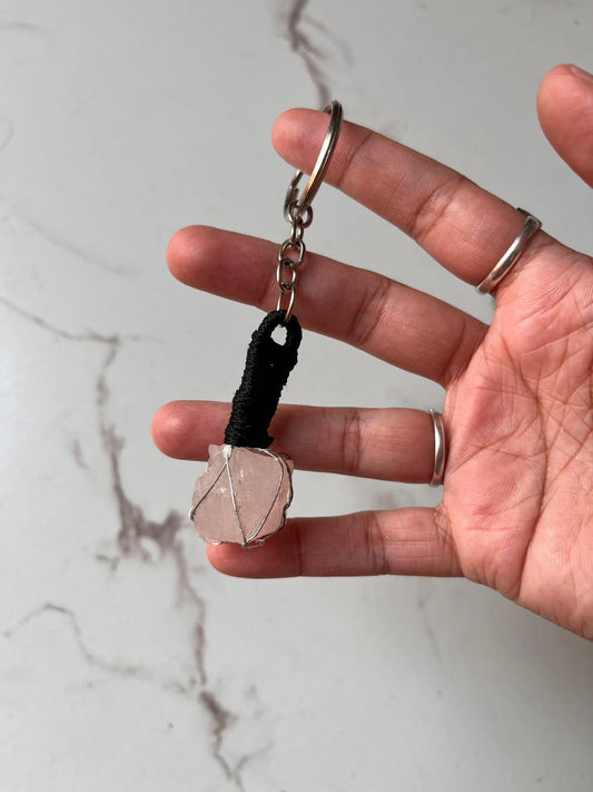 Rose quartz key ring with natural stone charm