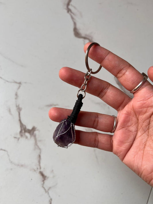 Handcrafted amethyst key ring with crystal charm