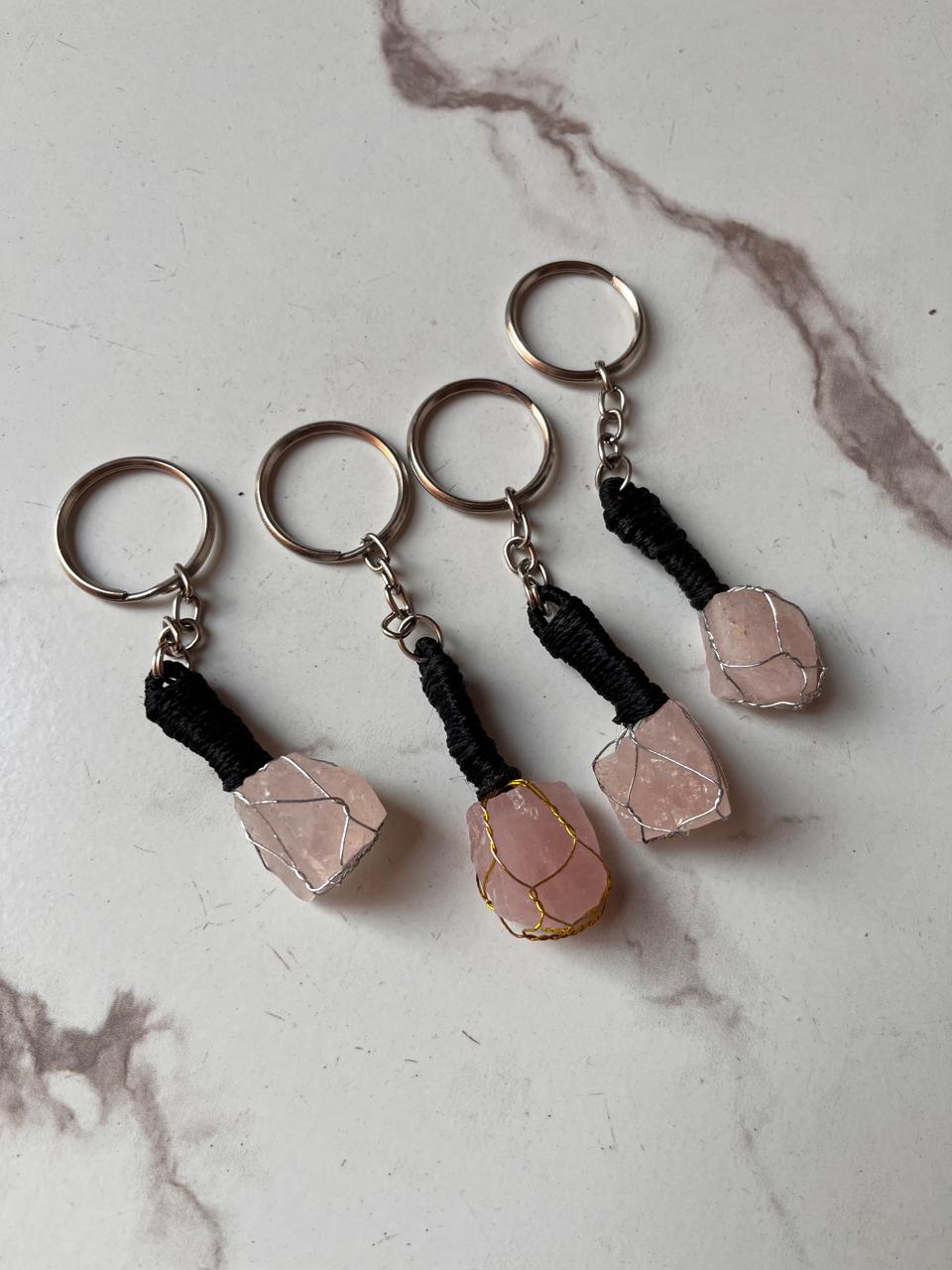 Elegant rose quartz keychain with silver key ring