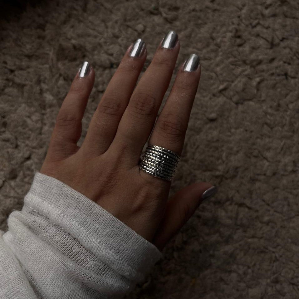 Silver Stack Band Ring with Tribal Textured Design 