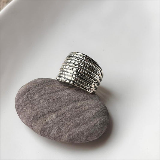 Tribal Textured Wire Stack Band Silver Ring