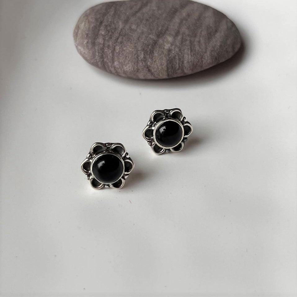 Silver Stud Earrings with Black Onyx Flower Design
