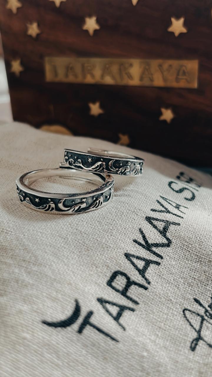 Nature-Inspired Couple Adjustable Silver Ring with Moon and Stars