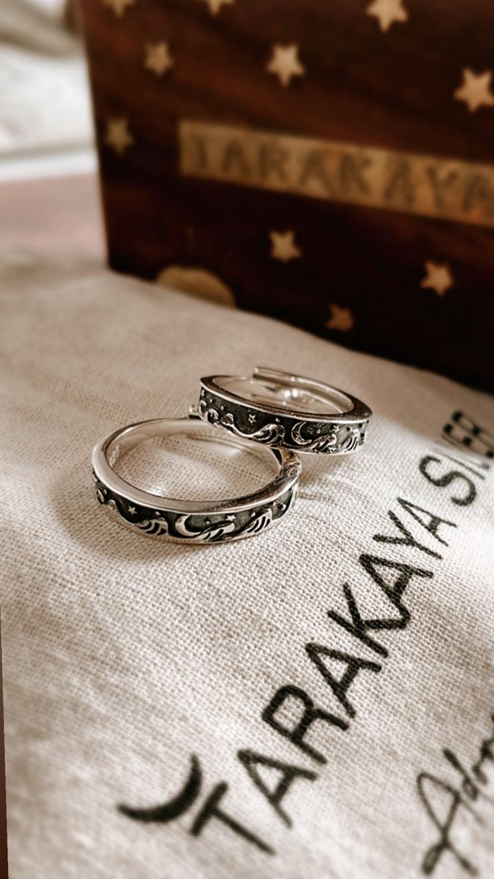 Celestial Couple Adjustable Silver Ring for Lovers