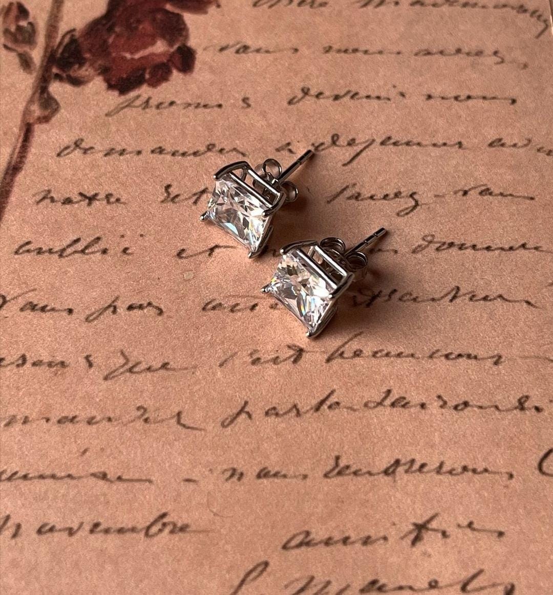 7mm white cubic zirconia square cut silver studs