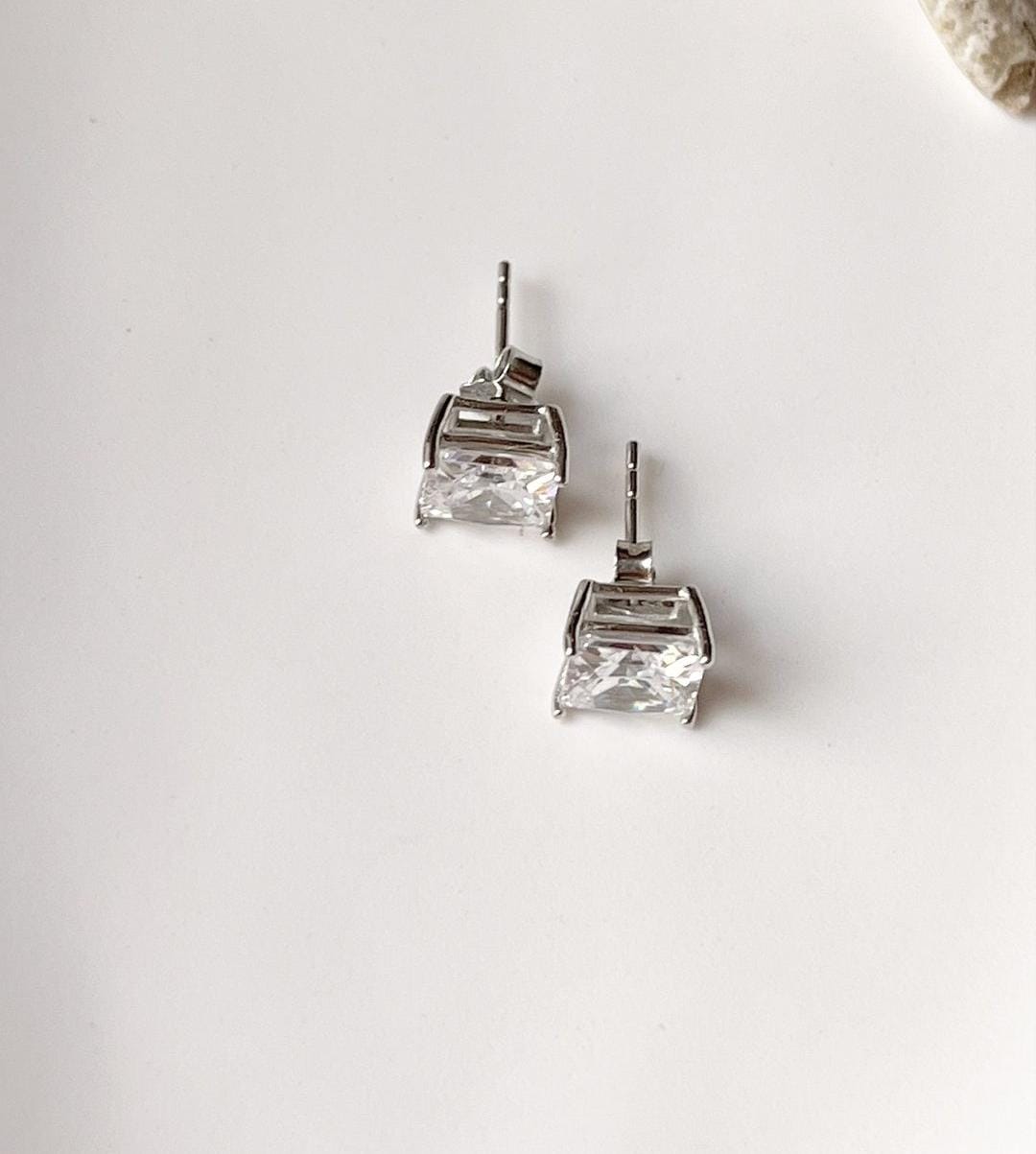 7mm square cut white cubic zirconia silver studs