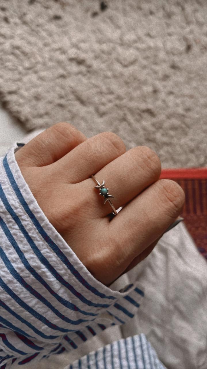Elegant faux turquoise silver ring featuring moon phases design