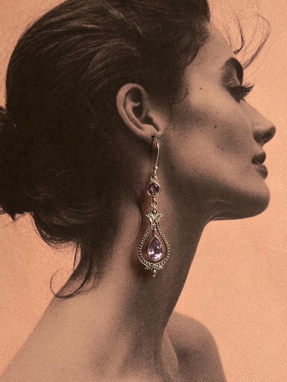 Amethyst Pear and Round Cut Silver Earrings 