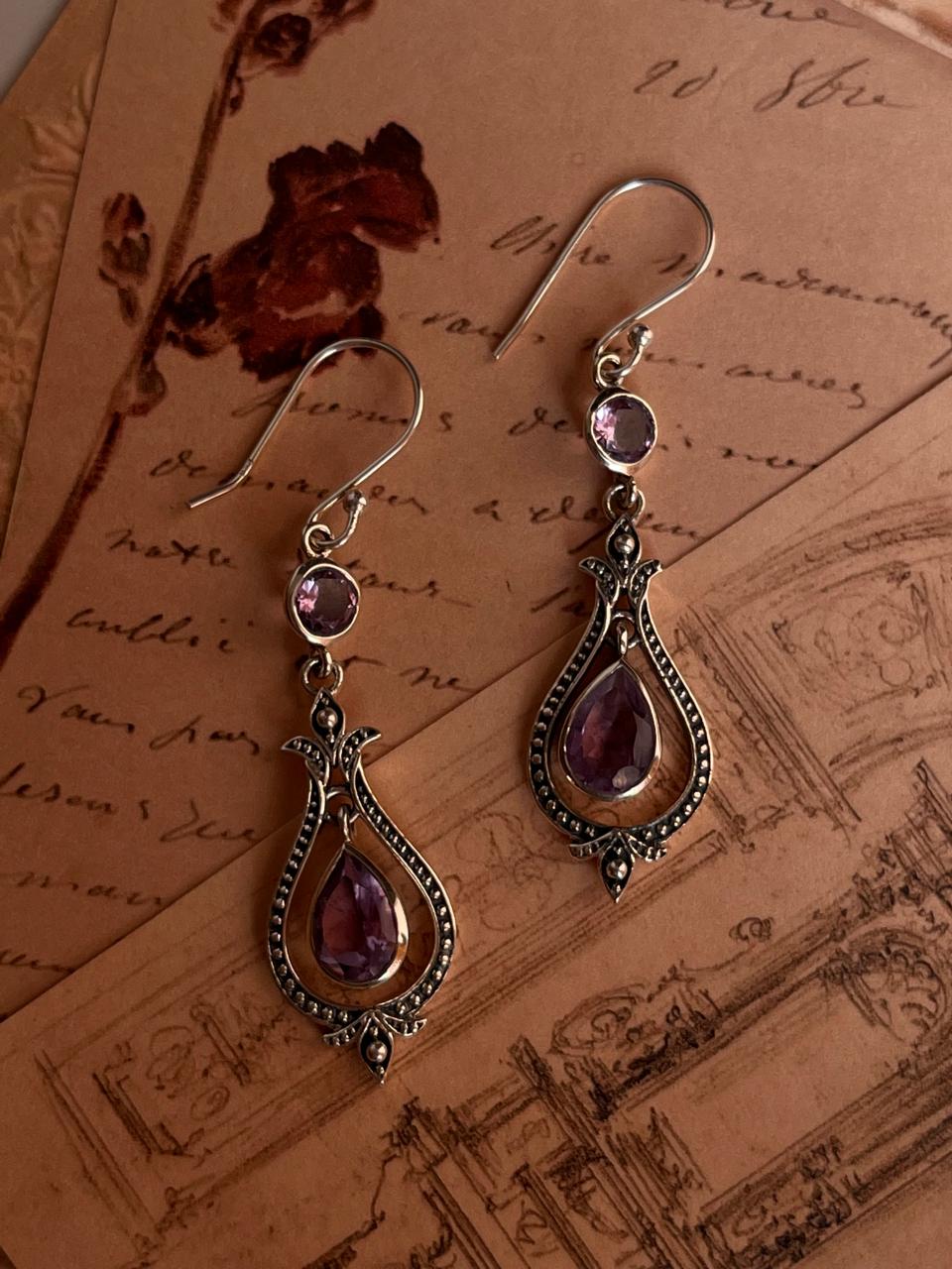 Amethyst Silver Earrings in Pear and Round Cut Design