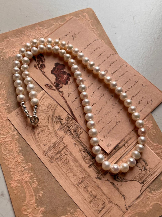 Round Natural Freshwater Pearls Silver Necklace