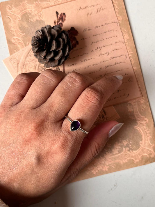 Amethyst Pear Tribal Engraved Adjustable Silver Ring