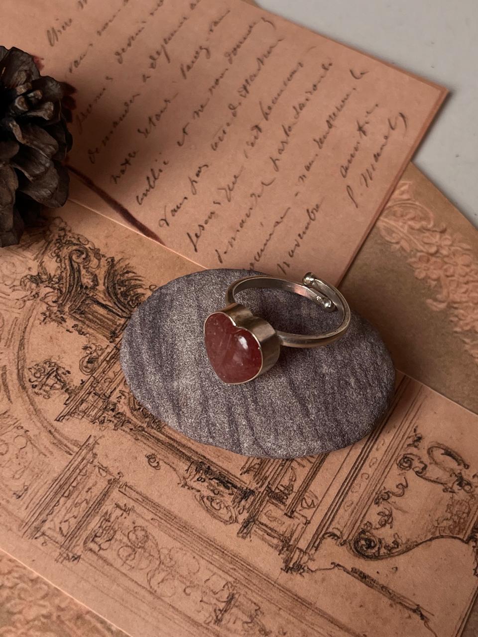 Adjustable strawberry quartz heart silver ring