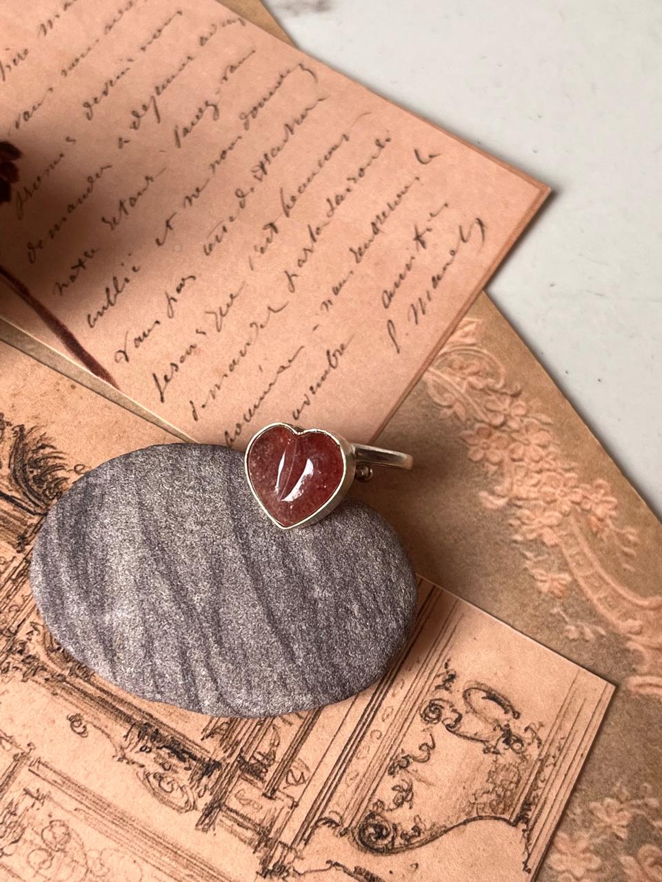 Elegant strawberry quartz heart adjustable silver ring