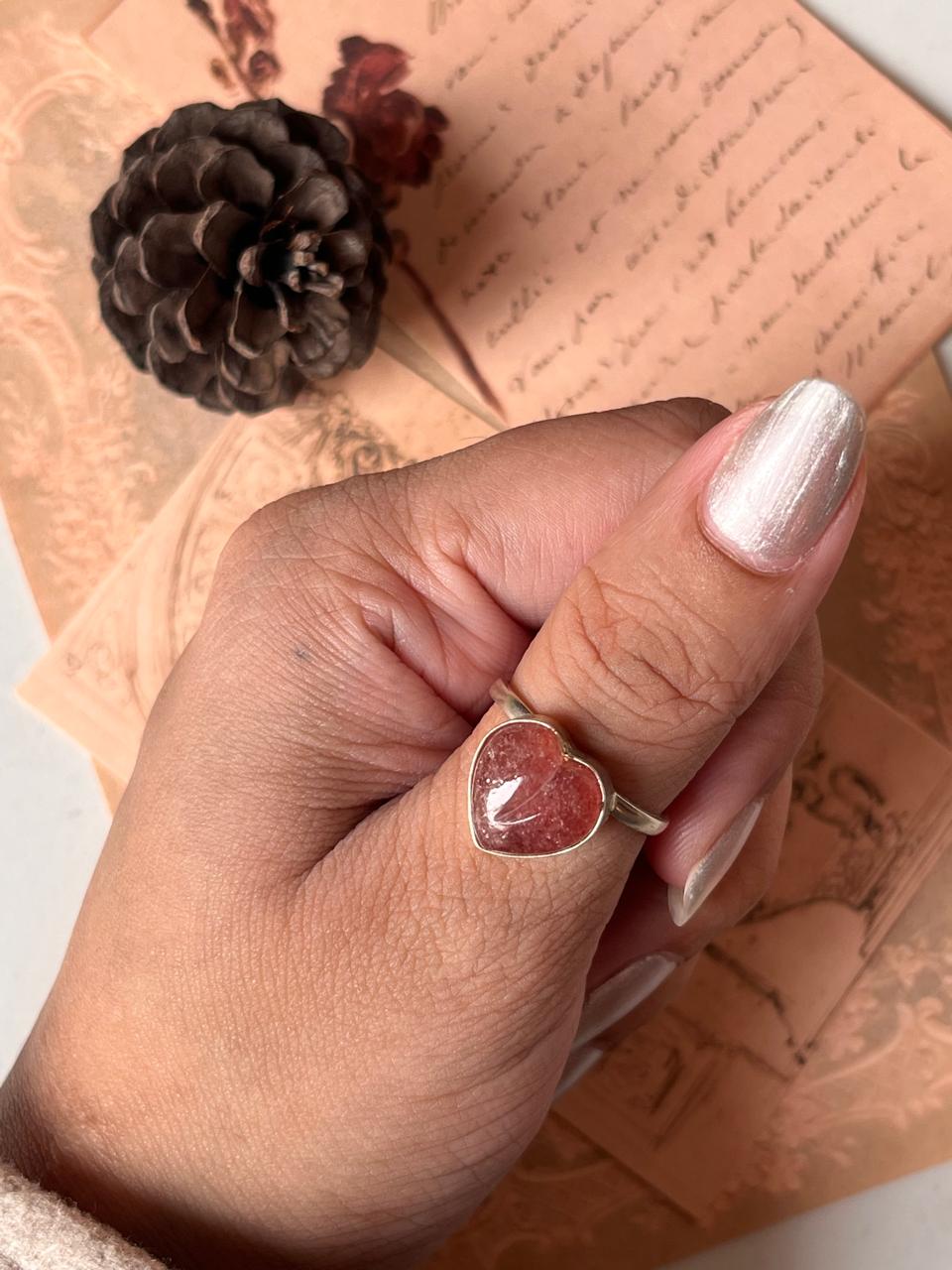 Strawberry quartz heart adjustable sterling silver ring