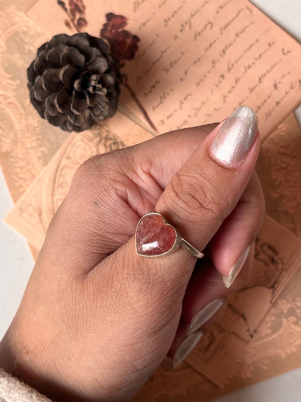Handcrafted strawberry quartz heart adjustable silver ring