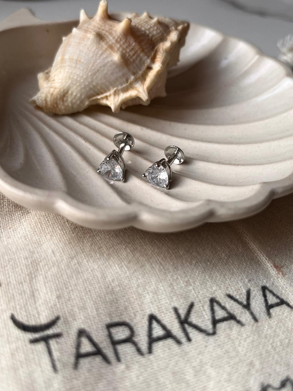 Stylish CZ Heart Cut South Screw Silver Stud Earrings