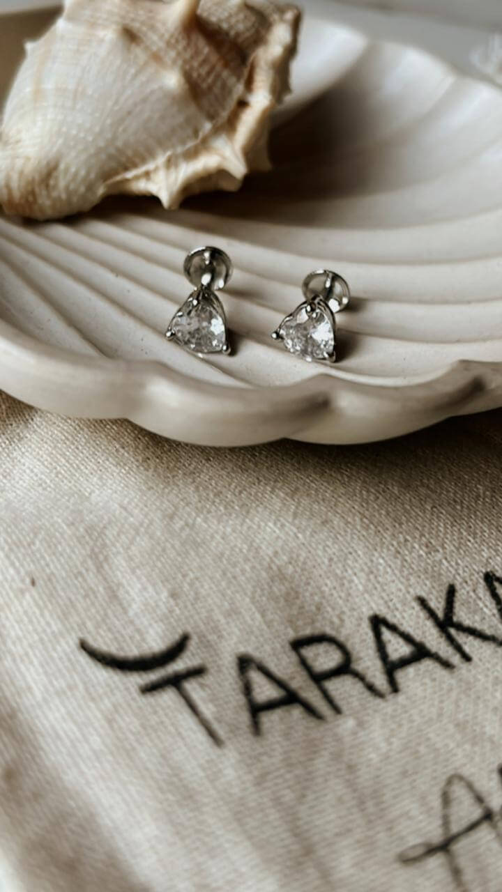 Statement CZ Heart Cut South Screw Silver Stud Earrings