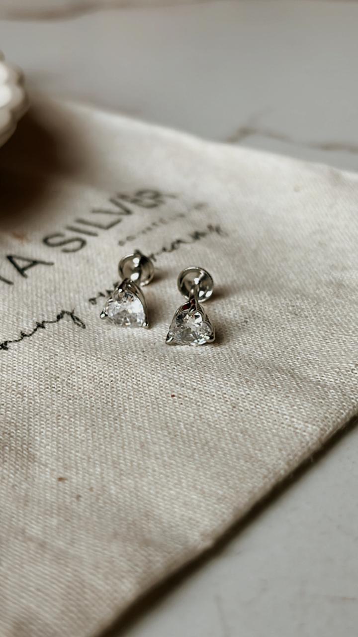 CZ Heart Cut Statement South Screw Silver Stud Earrings