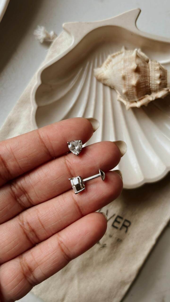 South Screw Silver Studs with CZ Heart Cut Design
