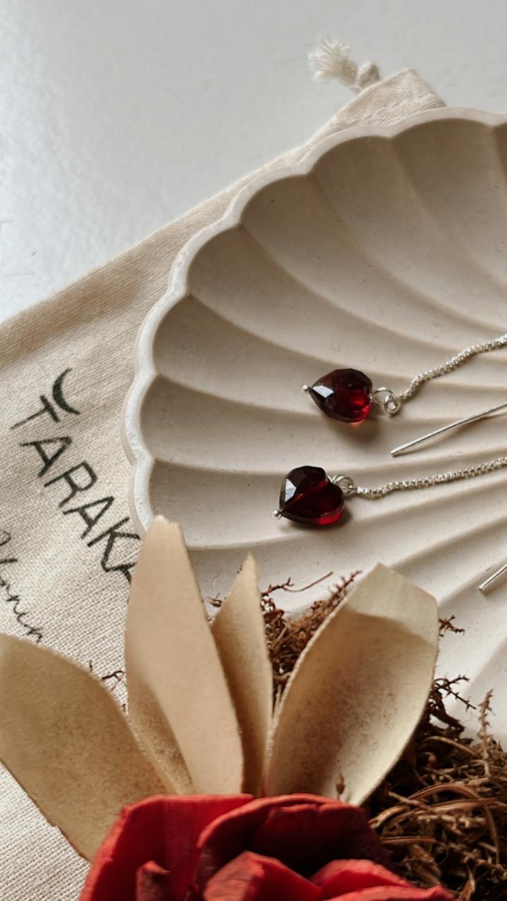 925 Silver Earrings with Garnet Heart Sui Dhaga Design