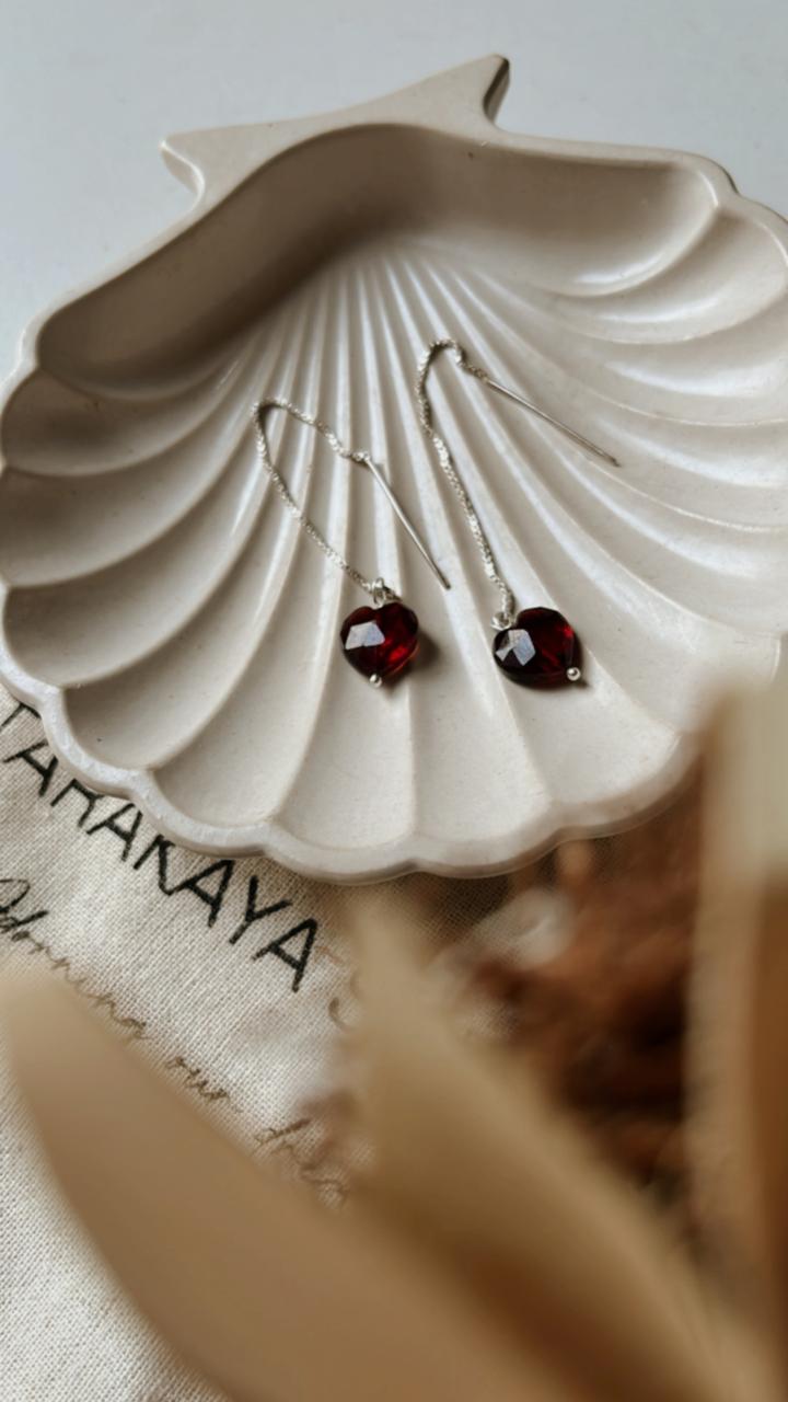 925 Silver Sui Dhaga Earrings with Garnet Heart Accent