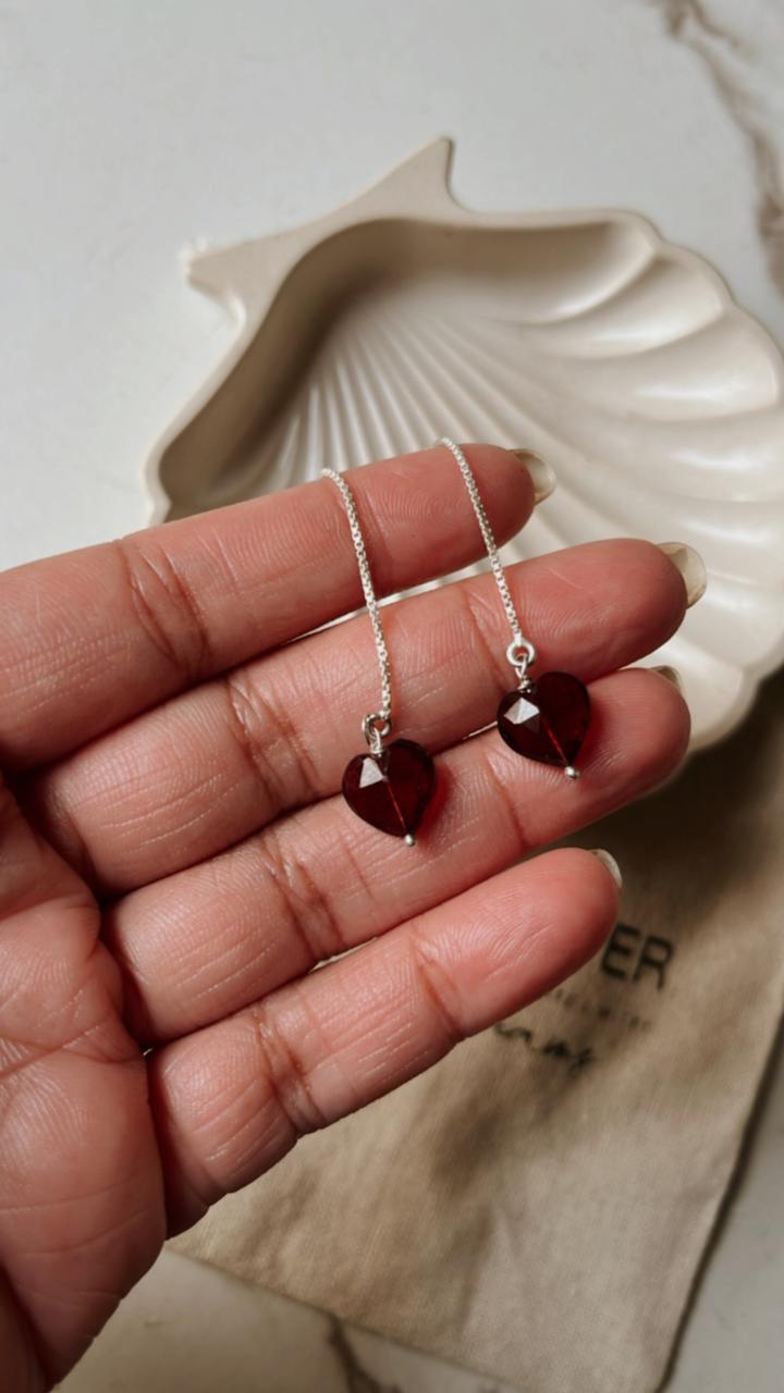 Sui Dhaga Style Garnet Heart 925 Silver Earrings