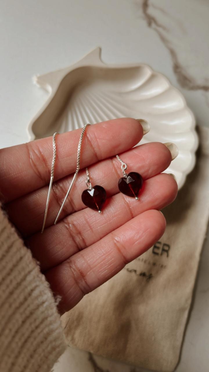 Elegant Garnet Heart 925 Silver Sui Dhaga Earrings