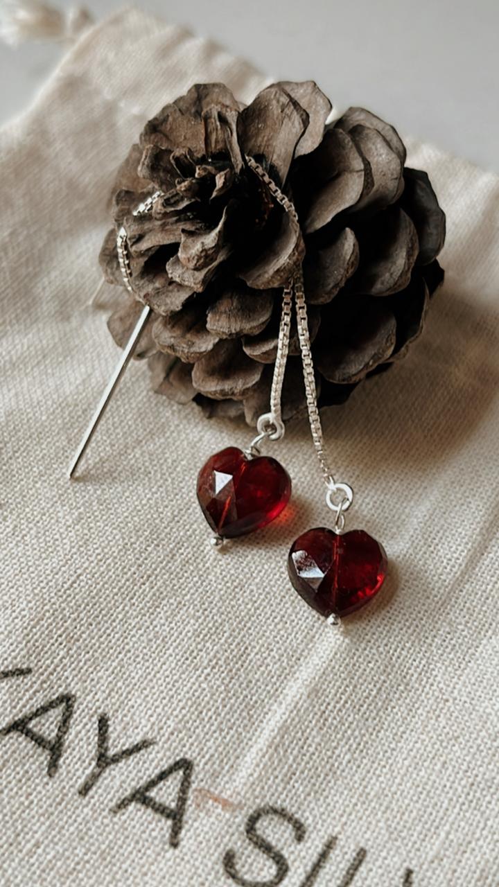 Garnet Heart 925 Silver Sui Dhaga Earrings for Women