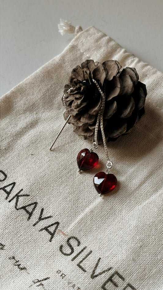 Garnet Heart Sui Dhaga 925 Silver Earrings