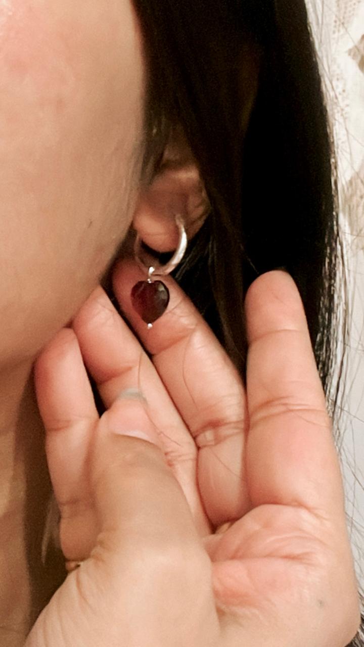 Plain 925 Silver Hoops with Garnet Heart Accent