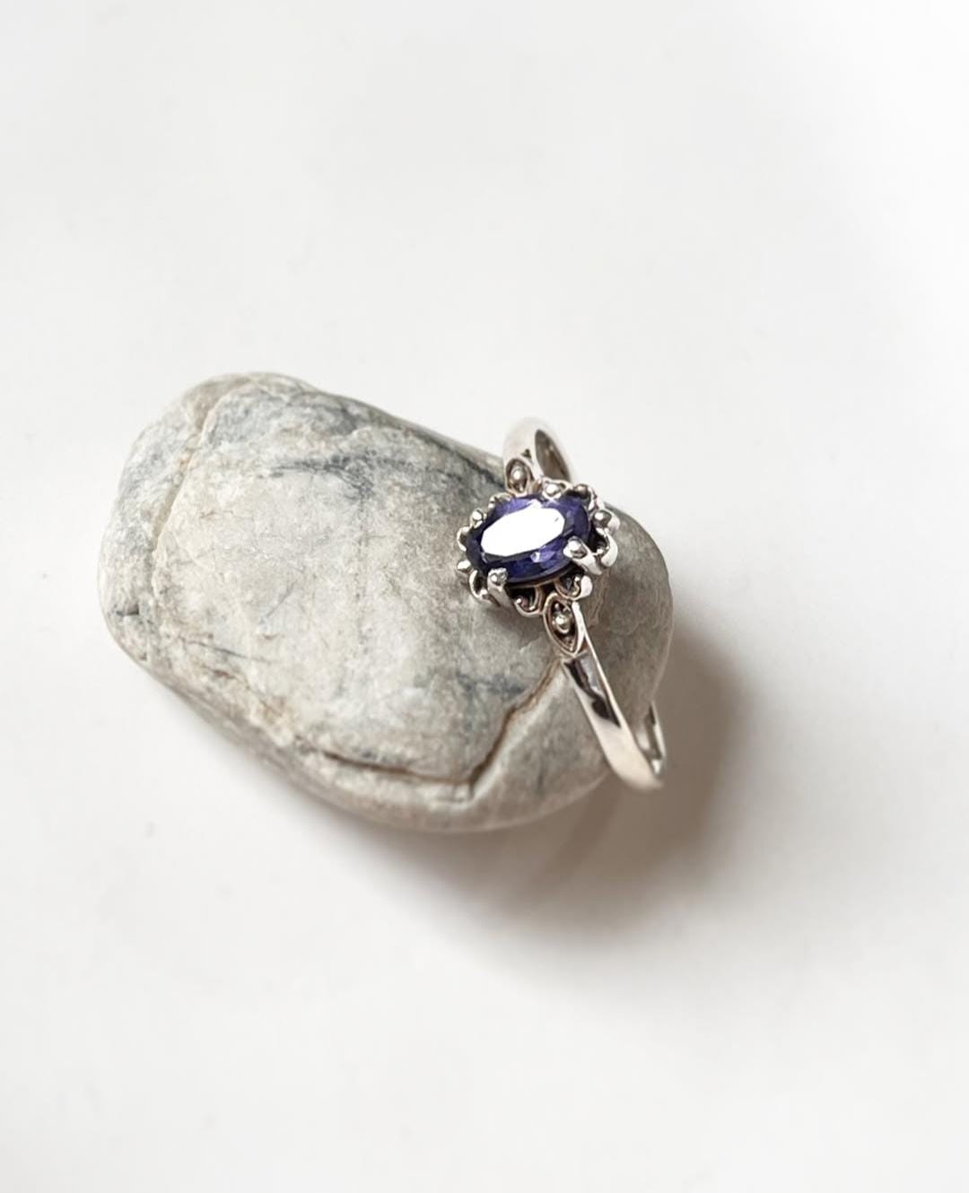 Iolite gemstone Victorian style ring in sterling silver