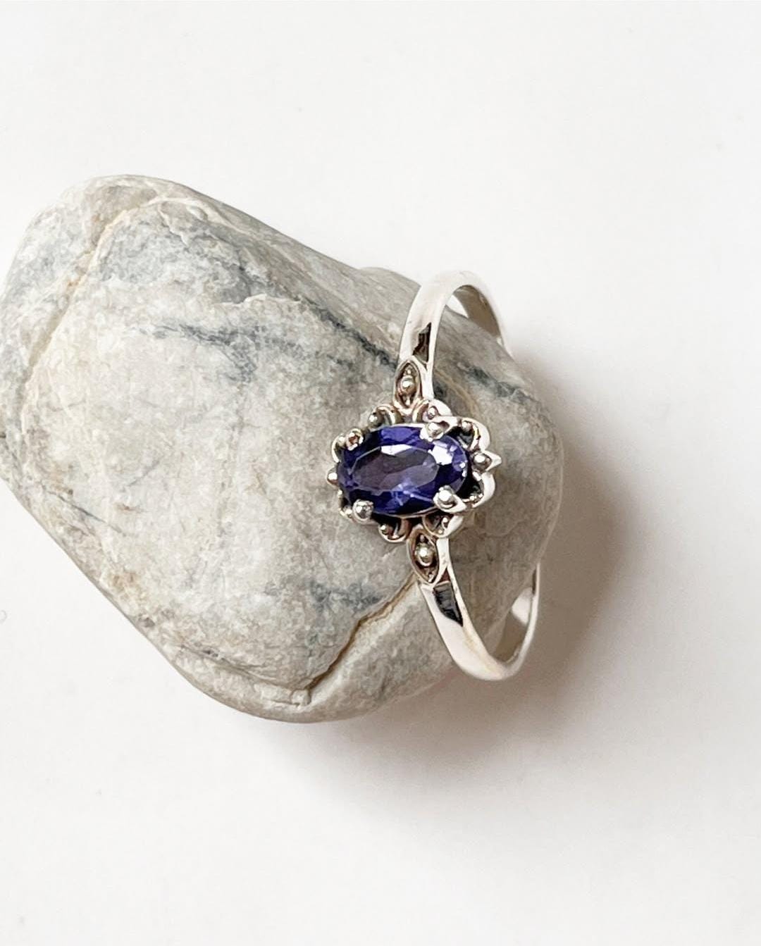 Iolite gemstone Victorian style ring in sterling silver