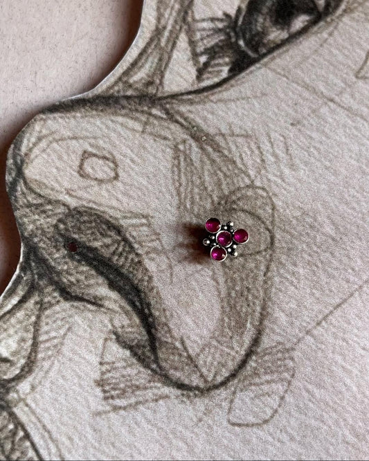 Tribal Rawa Pink CZ Stone Wired Back Silver Nose Pin with intricate design