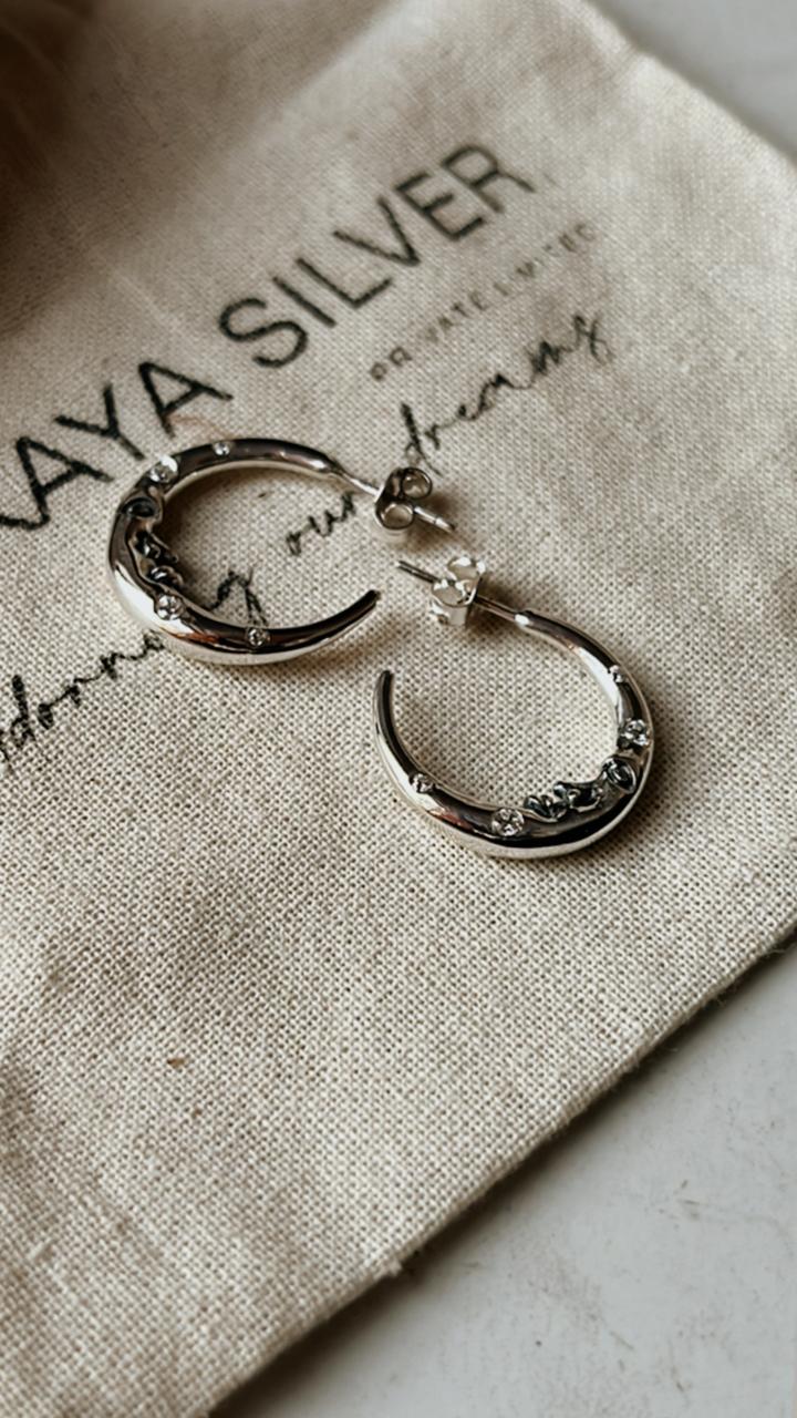 Celestial charm crescent moon face CZ studded silver 925 half hoops