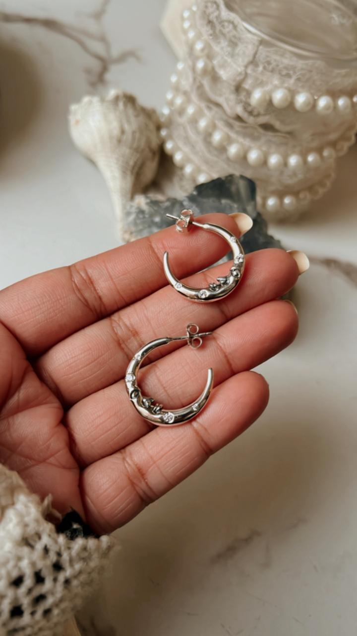 Sparkling CZ studded crescent moon face silver 925 half hoop earrings