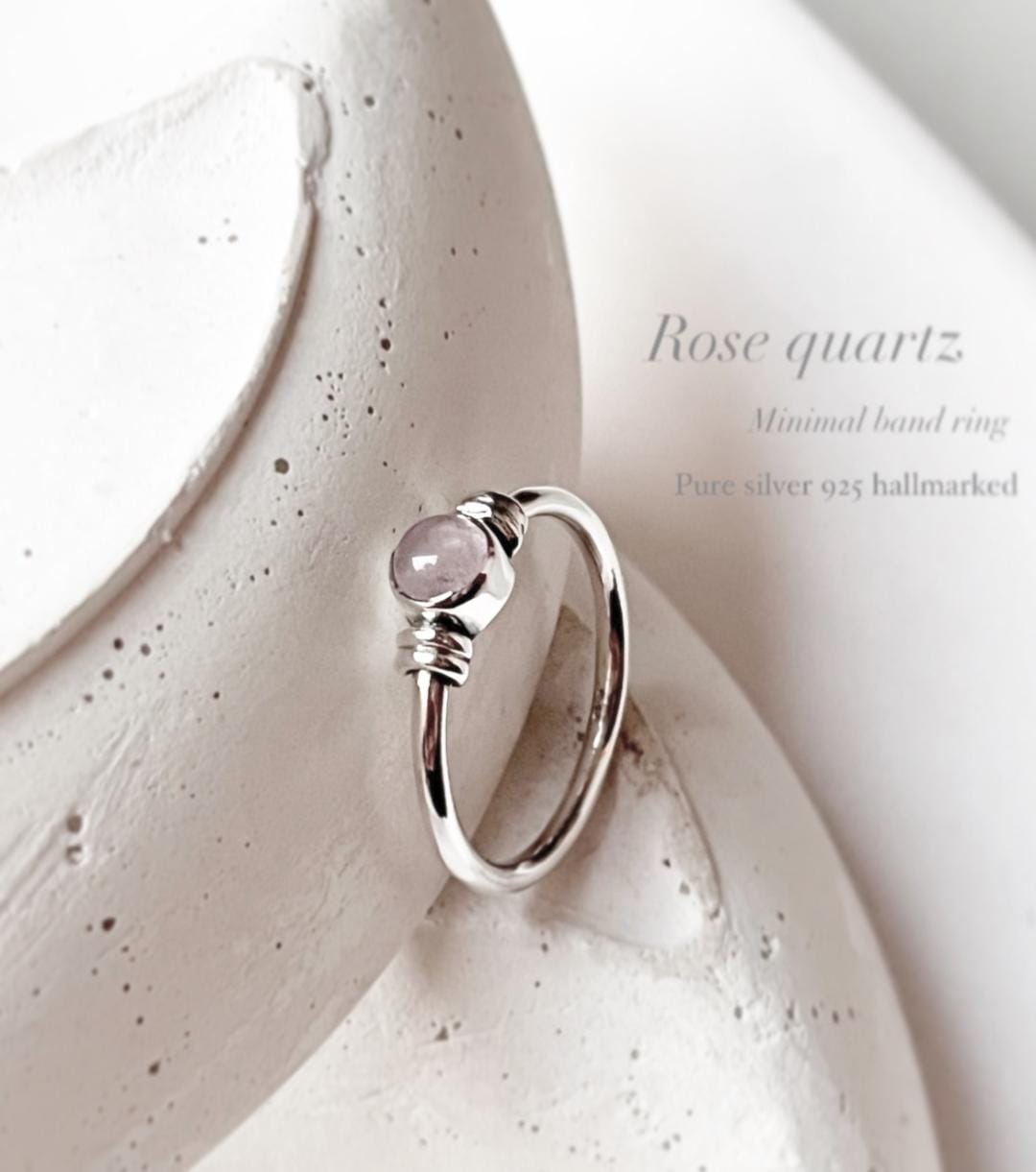 Rose quartz plain band sterling silver ring