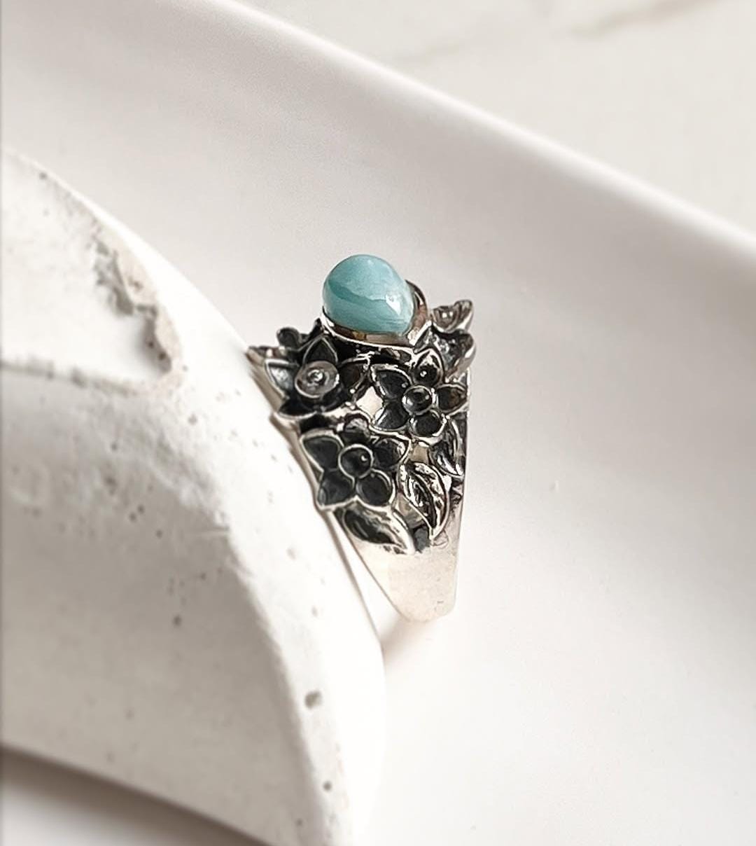 Elegant Larimar Forest-Inspired Statement Silver Ring