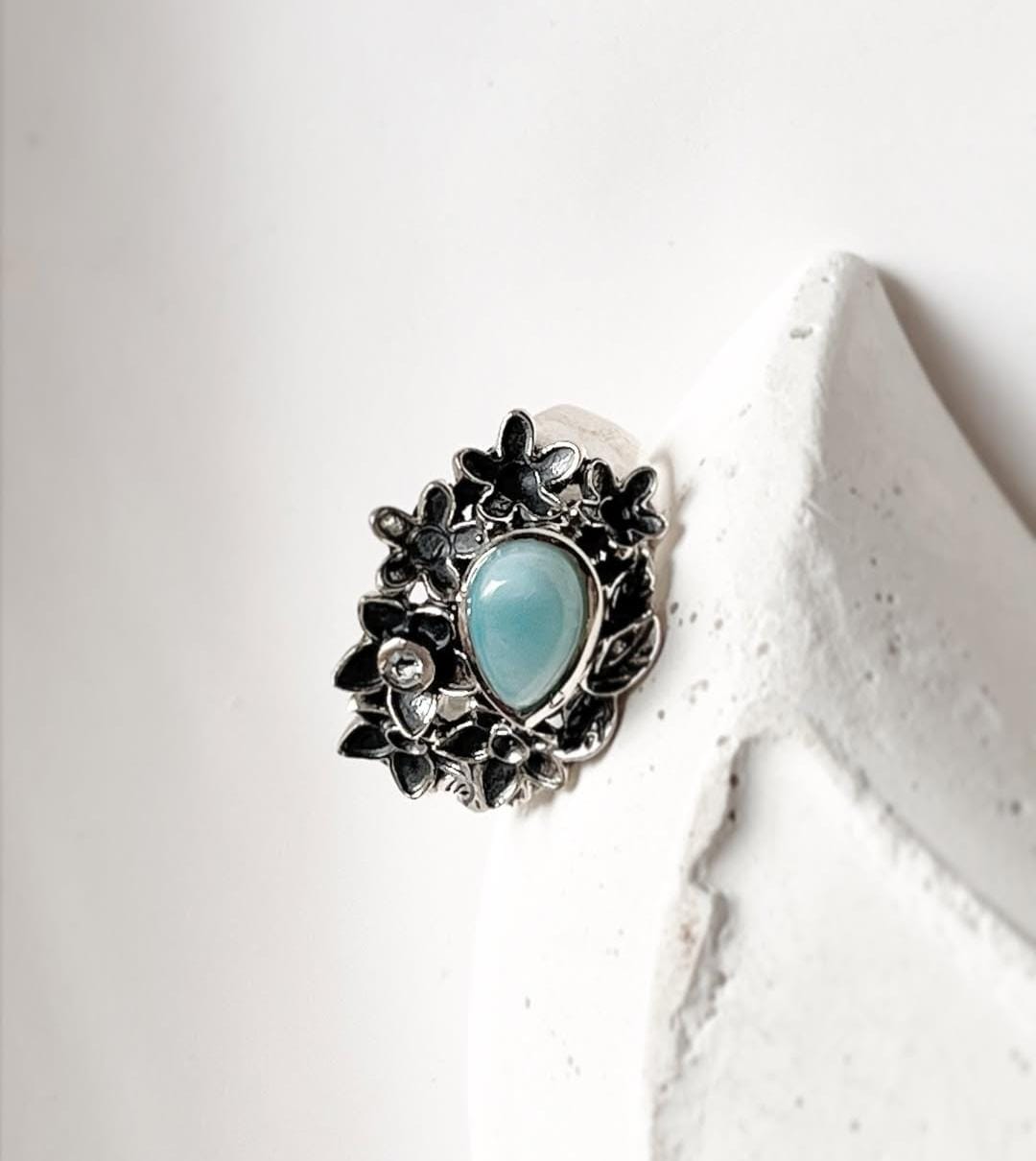 Larimar Silver Ring with Forest Motif